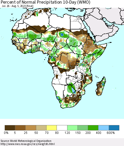 Africa Percent of Normal Precipitation 10-Day (WMO) Thematic Map For 7/26/2023 - 8/5/2023
