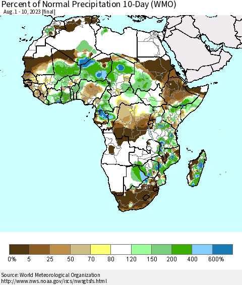 Africa Percent of Normal Precipitation 10-Day (WMO) Thematic Map For 8/1/2023 - 8/10/2023