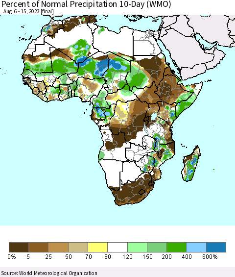 Africa Percent of Normal Precipitation 10-Day (WMO) Thematic Map For 8/6/2023 - 8/15/2023