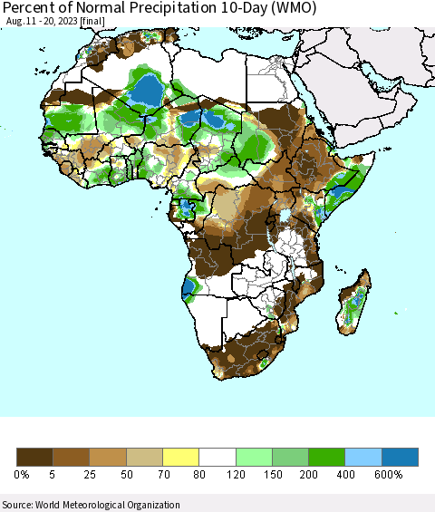 Africa Percent of Normal Precipitation 10-Day (WMO) Thematic Map For 8/11/2023 - 8/20/2023
