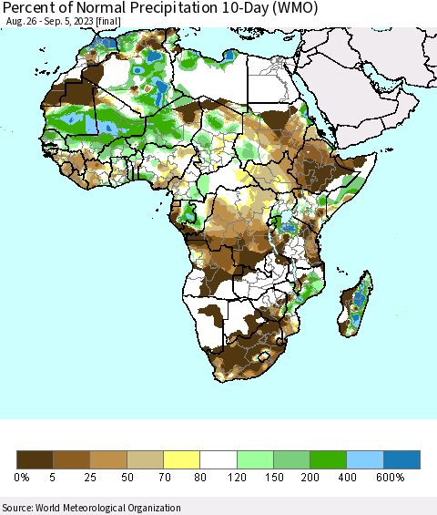 Africa Percent of Normal Precipitation 10-Day (WMO) Thematic Map For 8/26/2023 - 9/5/2023