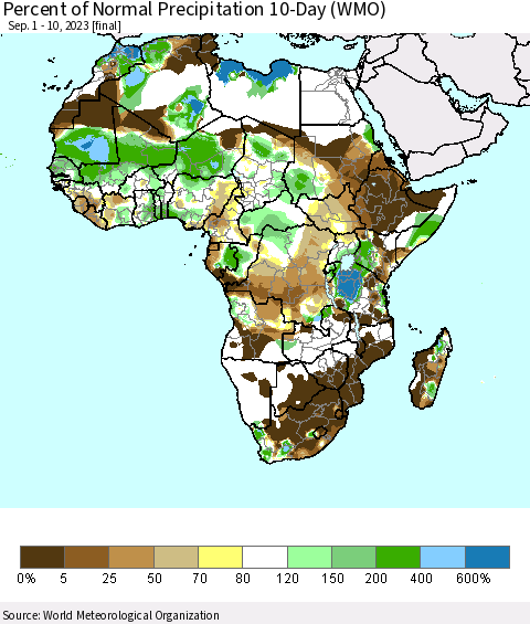 Africa Percent of Normal Precipitation 10-Day (WMO) Thematic Map For 9/1/2023 - 9/10/2023