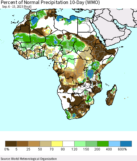 Africa Percent of Normal Precipitation 10-Day (WMO) Thematic Map For 9/6/2023 - 9/15/2023