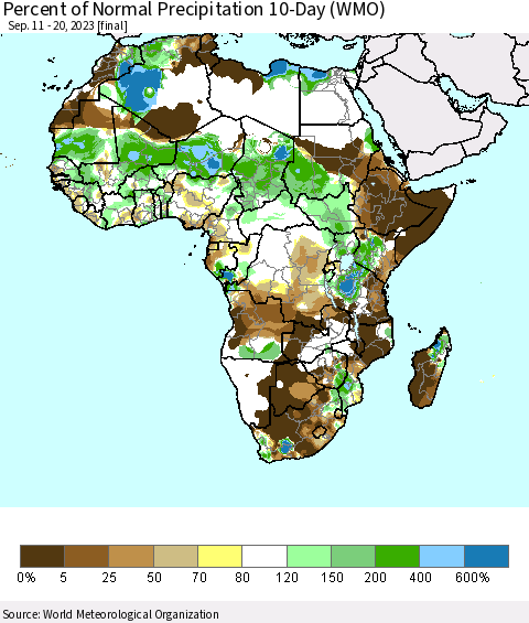 Africa Percent of Normal Precipitation 10-Day (WMO) Thematic Map For 9/11/2023 - 9/20/2023