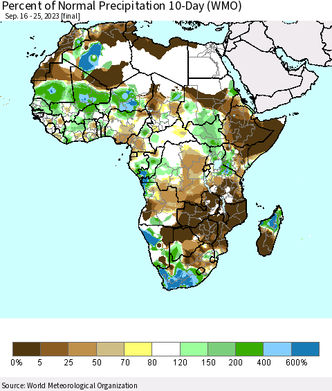 Africa Percent of Normal Precipitation 10-Day (WMO) Thematic Map For 9/16/2023 - 9/25/2023