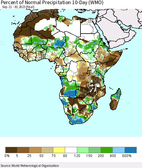Africa Percent of Normal Precipitation 10-Day (WMO) Thematic Map For 9/21/2023 - 9/30/2023