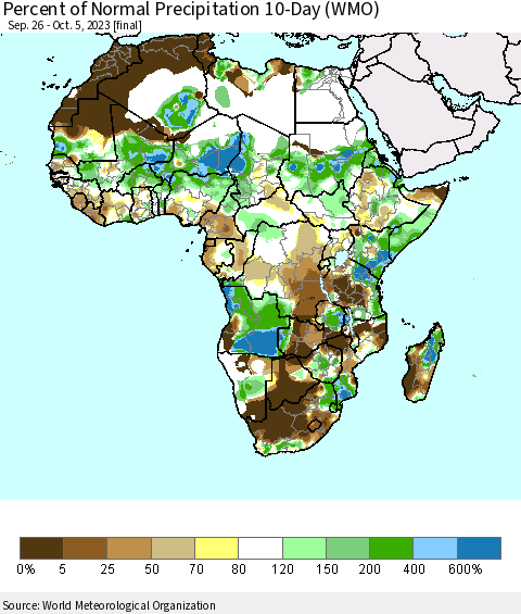 Africa Percent of Normal Precipitation 10-Day (WMO) Thematic Map For 9/26/2023 - 10/5/2023