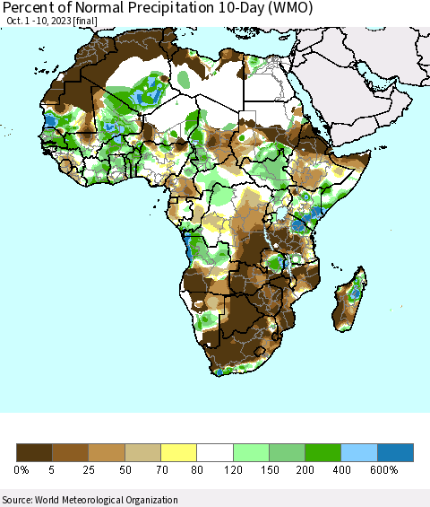 Africa Percent of Normal Precipitation 10-Day (WMO) Thematic Map For 10/1/2023 - 10/10/2023
