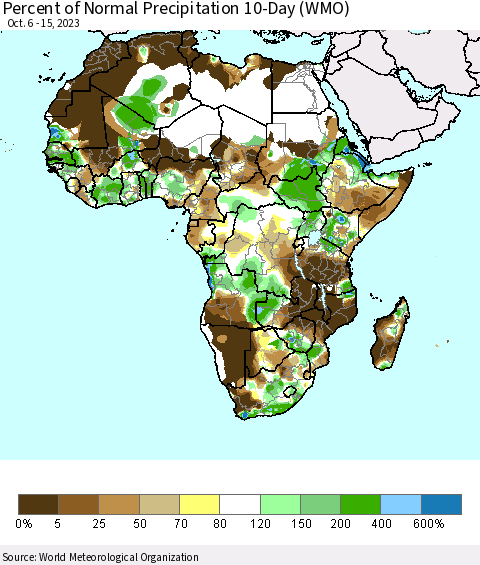 Africa Percent of Normal Precipitation 10-Day (WMO) Thematic Map For 10/6/2023 - 10/15/2023