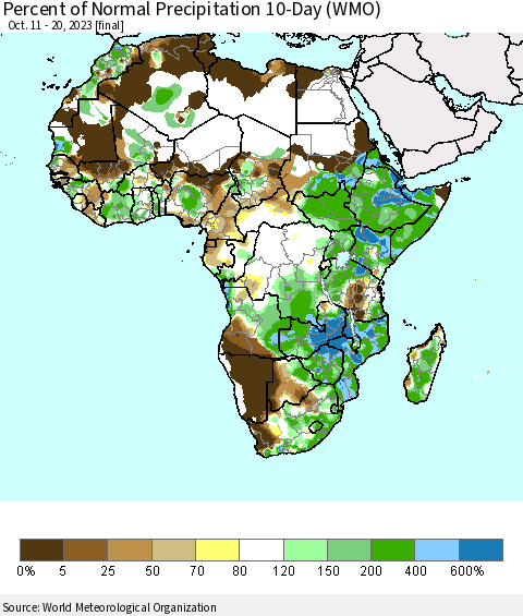 Africa Percent of Normal Precipitation 10-Day (WMO) Thematic Map For 10/11/2023 - 10/20/2023