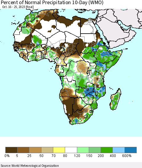 Africa Percent of Normal Precipitation 10-Day (WMO) Thematic Map For 10/16/2023 - 10/25/2023