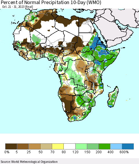 Africa Percent of Normal Precipitation 10-Day (WMO) Thematic Map For 10/21/2023 - 10/31/2023