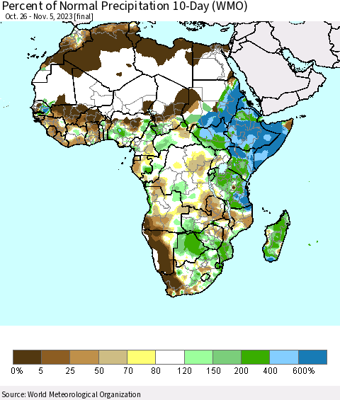 Africa Percent of Normal Precipitation 10-Day (WMO) Thematic Map For 10/26/2023 - 11/5/2023