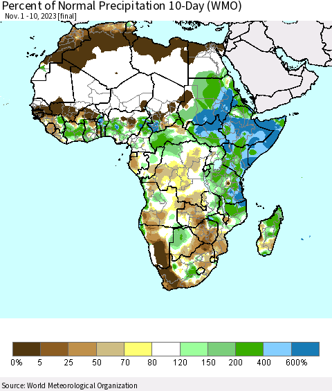 Africa Percent of Normal Precipitation 10-Day (WMO) Thematic Map For 11/1/2023 - 11/10/2023