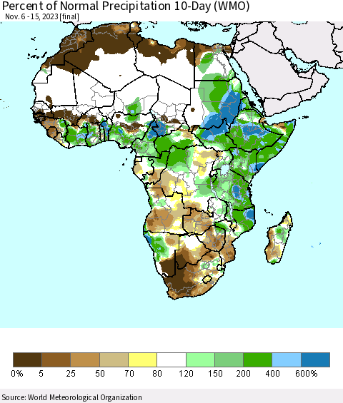 Africa Percent of Normal Precipitation 10-Day (WMO) Thematic Map For 11/6/2023 - 11/15/2023