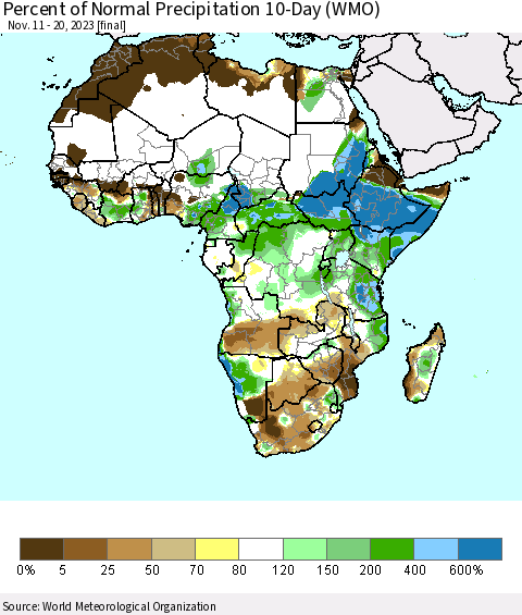 Africa Percent of Normal Precipitation 10-Day (WMO) Thematic Map For 11/11/2023 - 11/20/2023
