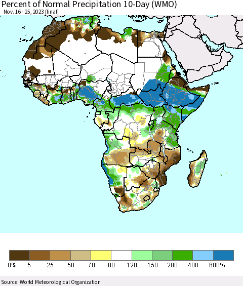 Africa Percent of Normal Precipitation 10-Day (WMO) Thematic Map For 11/16/2023 - 11/25/2023