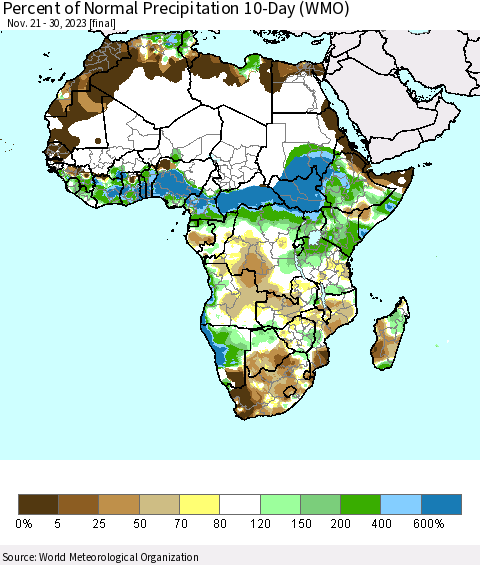 Africa Percent of Normal Precipitation 10-Day (WMO) Thematic Map For 11/21/2023 - 11/30/2023