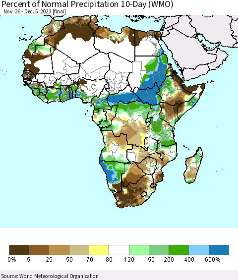 Africa Percent of Normal Precipitation 10-Day (WMO) Thematic Map For 11/26/2023 - 12/5/2023