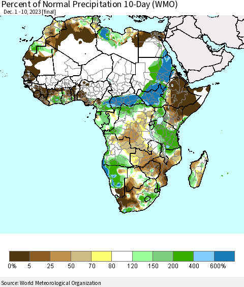 Africa Percent of Normal Precipitation 10-Day (WMO) Thematic Map For 12/1/2023 - 12/10/2023