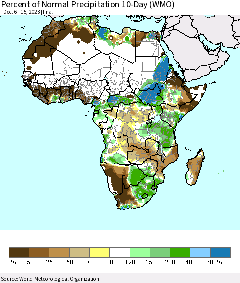 Africa Percent of Normal Precipitation 10-Day (WMO) Thematic Map For 12/6/2023 - 12/15/2023