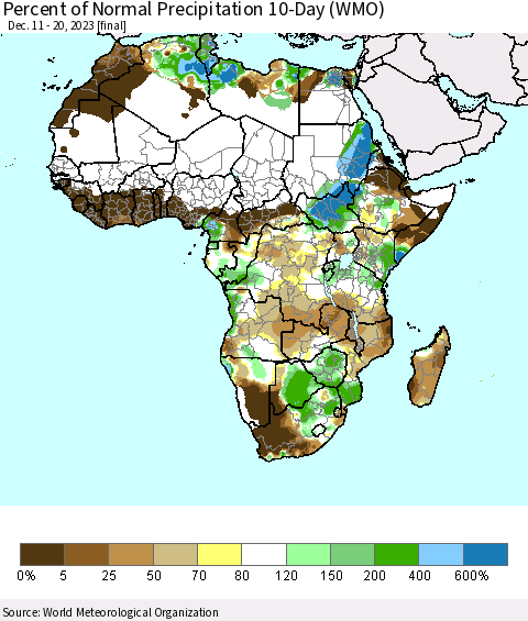 Africa Percent of Normal Precipitation 10-Day (WMO) Thematic Map For 12/11/2023 - 12/20/2023