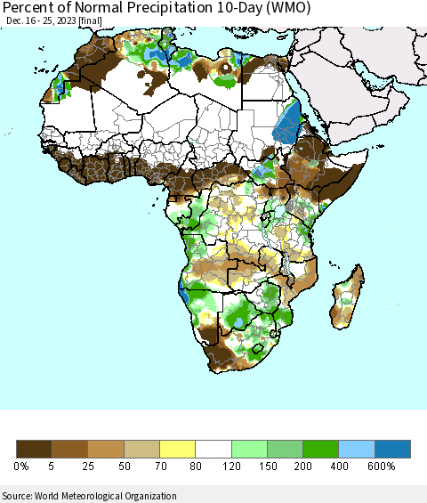 Africa Percent of Normal Precipitation 10-Day (WMO) Thematic Map For 12/16/2023 - 12/25/2023