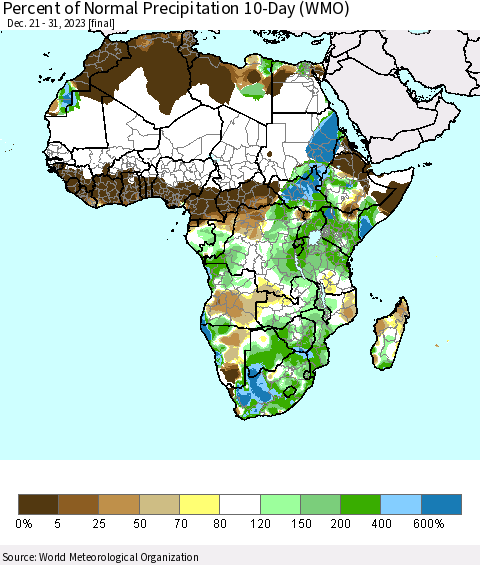 Africa Percent of Normal Precipitation 10-Day (WMO) Thematic Map For 12/21/2023 - 12/31/2023