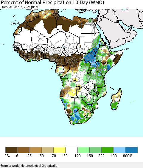 Africa Percent of Normal Precipitation 10-Day (WMO) Thematic Map For 12/26/2023 - 1/5/2024