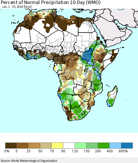Africa Percent of Normal Precipitation 10-Day (WMO) Thematic Map For 1/1/2024 - 1/10/2024