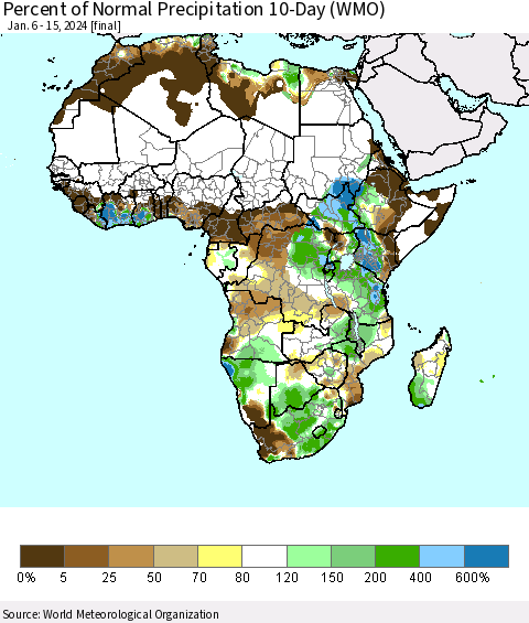 Africa Percent of Normal Precipitation 10-Day (WMO) Thematic Map For 1/6/2024 - 1/15/2024