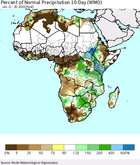 Africa Percent of Normal Precipitation 10-Day (WMO) Thematic Map For 1/11/2024 - 1/20/2024