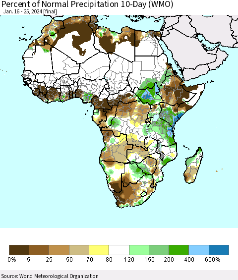 Africa Percent of Normal Precipitation 10-Day (WMO) Thematic Map For 1/16/2024 - 1/25/2024