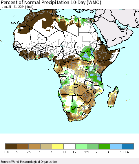 Africa Percent of Normal Precipitation 10-Day (WMO) Thematic Map For 1/21/2024 - 1/31/2024