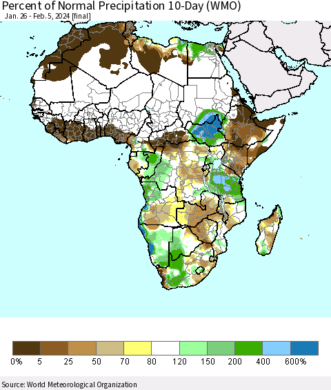 Africa Percent of Normal Precipitation 10-Day (WMO) Thematic Map For 1/26/2024 - 2/5/2024