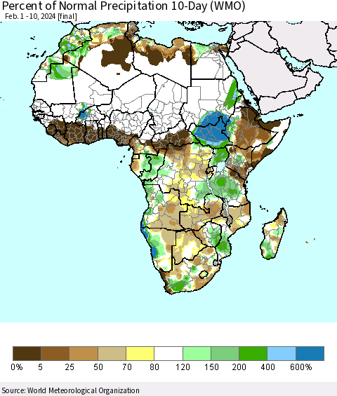 Africa Percent of Normal Precipitation 10-Day (WMO) Thematic Map For 2/1/2024 - 2/10/2024