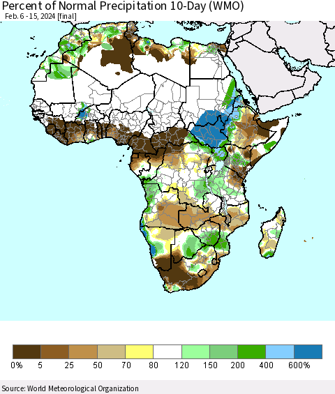 Africa Percent of Normal Precipitation 10-Day (WMO) Thematic Map For 2/6/2024 - 2/15/2024