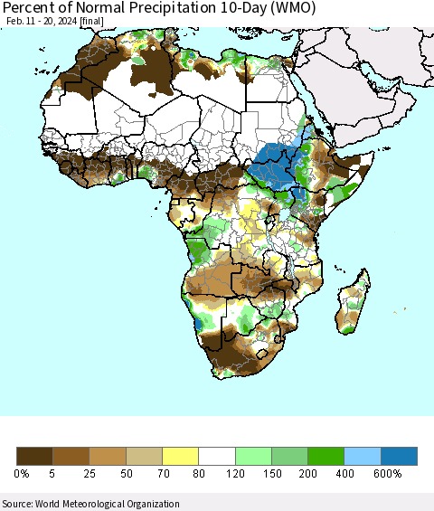 Africa Percent of Normal Precipitation 10-Day (WMO) Thematic Map For 2/11/2024 - 2/20/2024