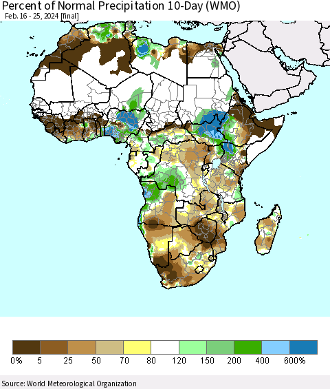 Africa Percent of Normal Precipitation 10-Day (WMO) Thematic Map For 2/16/2024 - 2/25/2024