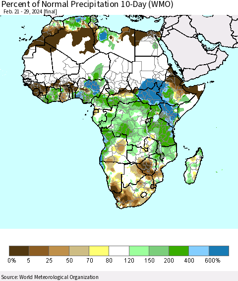 Africa Percent of Normal Precipitation 10-Day (WMO) Thematic Map For 2/21/2024 - 2/29/2024
