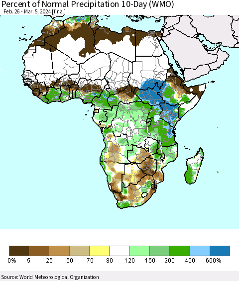 Africa Percent of Normal Precipitation 10-Day (WMO) Thematic Map For 2/26/2024 - 3/5/2024