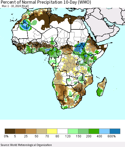 Africa Percent of Normal Precipitation 10-Day (WMO) Thematic Map For 3/1/2024 - 3/10/2024