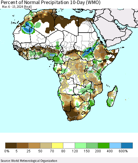 Africa Percent of Normal Precipitation 10-Day (WMO) Thematic Map For 3/6/2024 - 3/15/2024