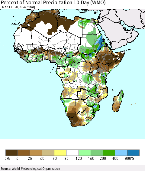 Africa Percent of Normal Precipitation 10-Day (WMO) Thematic Map For 3/11/2024 - 3/20/2024