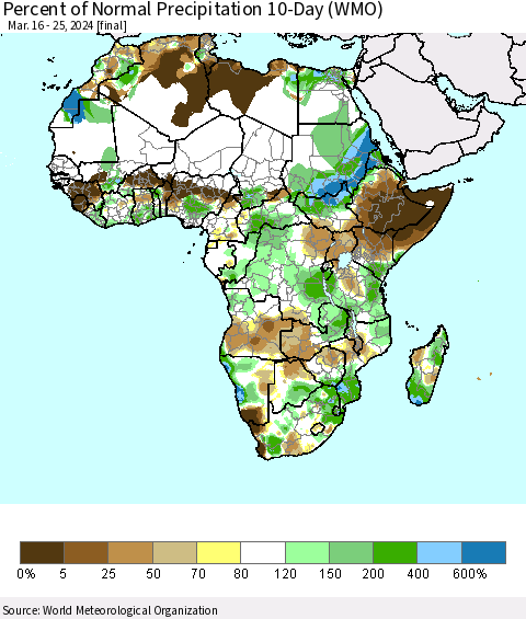 Africa Percent of Normal Precipitation 10-Day (WMO) Thematic Map For 3/16/2024 - 3/25/2024