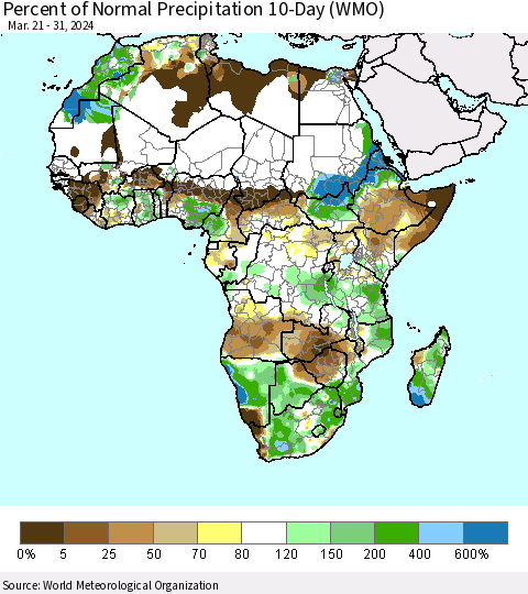 Africa Percent of Normal Precipitation 10-Day (WMO) Thematic Map For 3/21/2024 - 3/31/2024