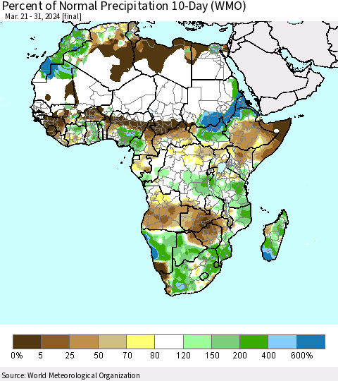 Africa Percent of Normal Precipitation 10-Day (WMO) Thematic Map For 3/21/2024 - 3/31/2024