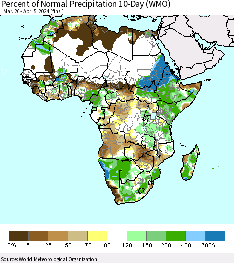 Africa Percent of Normal Precipitation 10-Day (WMO) Thematic Map For 3/26/2024 - 4/5/2024