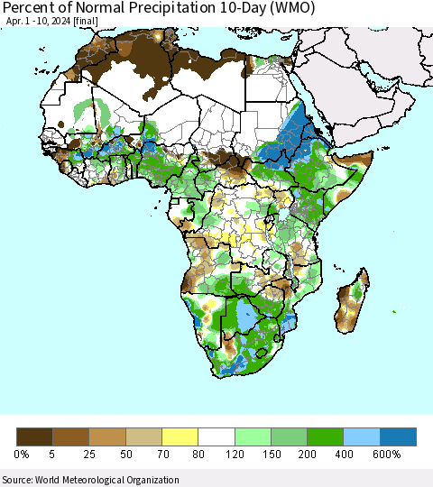 Africa Percent of Normal Precipitation 10-Day (WMO) Thematic Map For 4/1/2024 - 4/10/2024