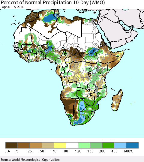 Africa Percent of Normal Precipitation 10-Day (WMO) Thematic Map For 4/6/2024 - 4/15/2024